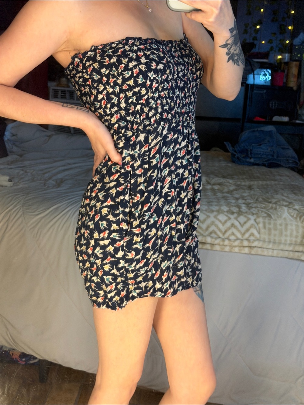 Strapless Navy Floral Smocked Mini Dress